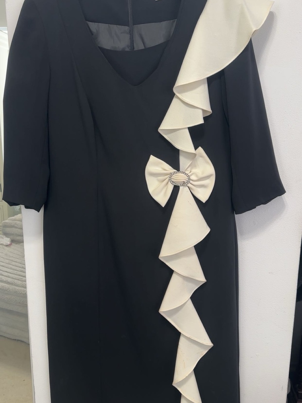 Black Midi Dress with Cream Ruffle & Bow Accent